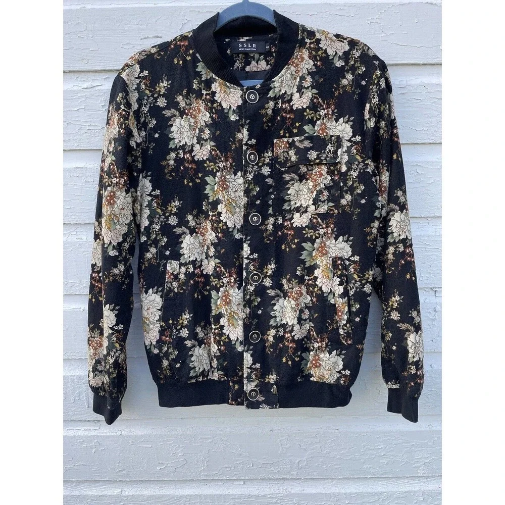 VTG SSLR Jacket Men's S Floral Fully Lined Metro 90's Cotton Flax Linen Black - Picture 1 of 10